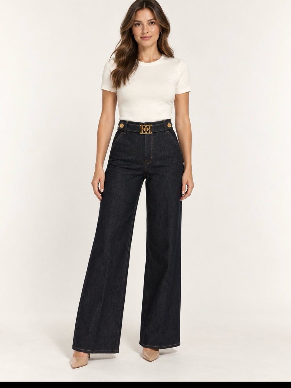 Escada High-Rise Wide flare Leg Dark Indigo Jeans with Gold Button Detail Sz 40